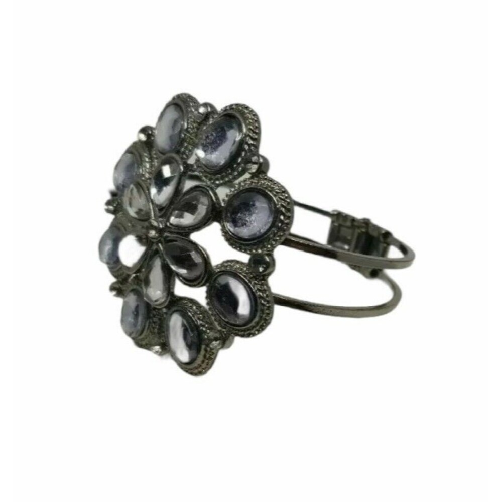 Silver Tone Cuff Bracelet Grey Purple Plastic Beads Crystal Floral Decorative
